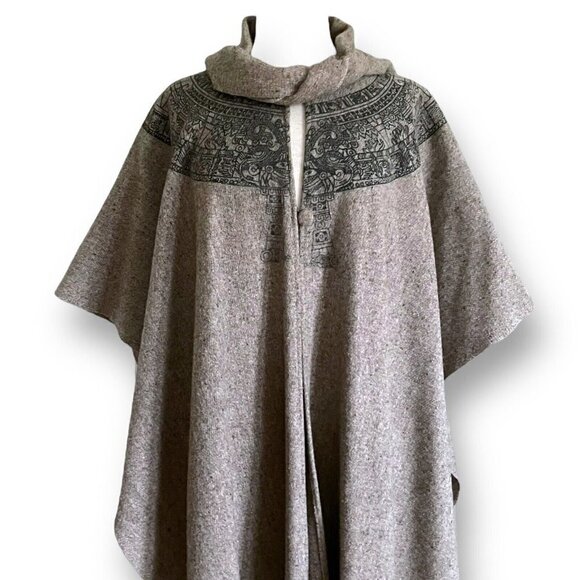 Vintage 1980s Womens Wool Blanket Cape O/S Aztec South American Art Print Boho - Picture 3 of 15